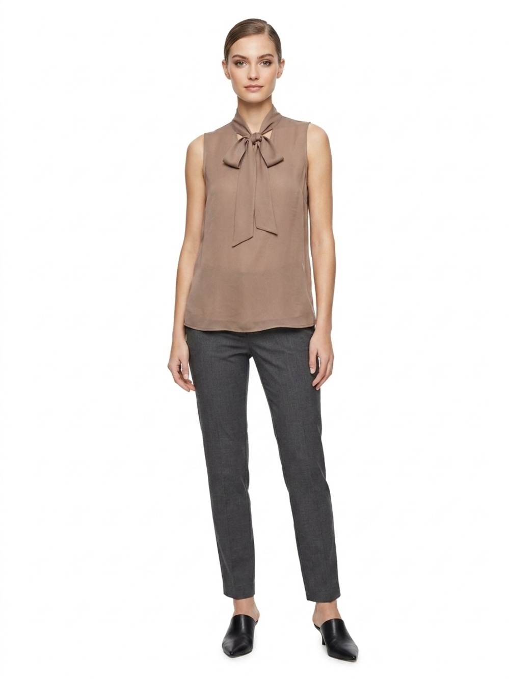 MadisonGrey Taupe Sleeveless Top with Tie Neck Size M Silky Blouse